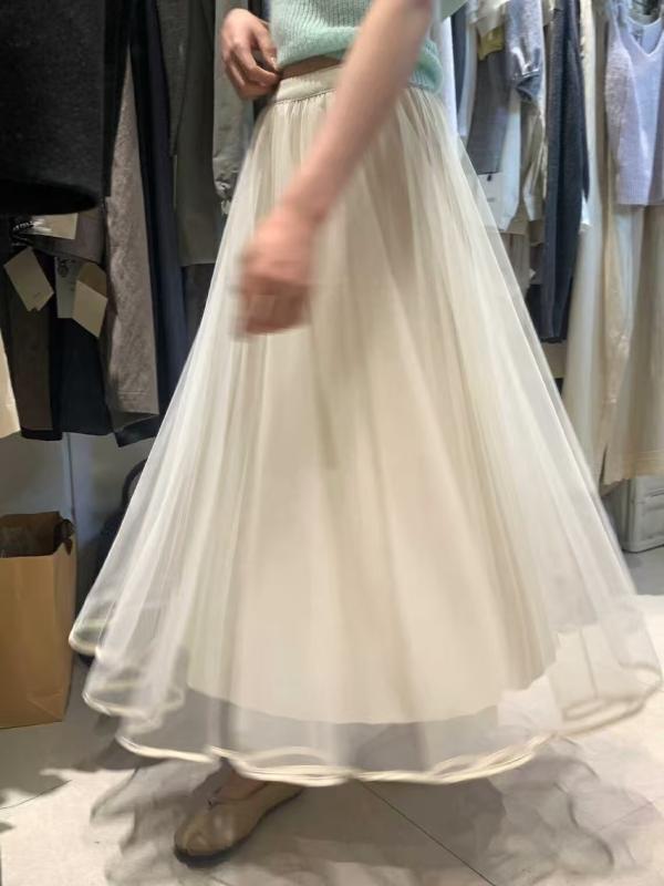 半身スカート 女性用 春夏 プリーツ ハイウエスト フレア チュール 中長丈 純色 甘め かわいい 軽量 微弾力 接触冷感 杏色 ブラック 再生繊維 ポリエステル フェミニン 爽やか デイリー 通勤 普段使い