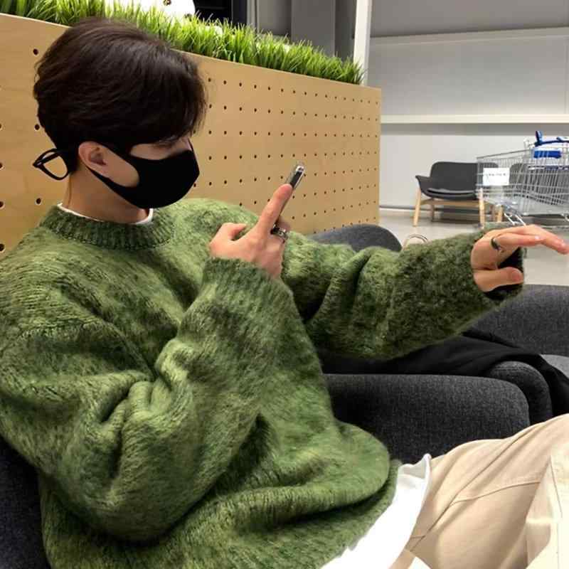 ニットセーター メンズ 秋冬 ゆったり ルーズフィット 丸首 長袖 厚手 ポリエステル コットン風 暖か グリーン ブラック ラウンドネック プルオーバー カジュアル ストリート ヴィンテージ 風 ゆったりシルエット 保温性 柔らか素材 日常使い 暖房不