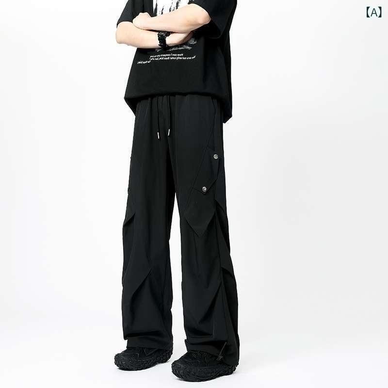 メンズ 工装パンツ 直筒 長ズボン ミッドライズ ユースポップ コットン ?? ミックス 素材 微弾性 吸湿速乾 通気性 機械洗濯 対応 手描き プリント ゆったり ワイドレッグ ビンテージ スタイル 日常使い 黒 グレー 系 カラー ティーンエイジャー