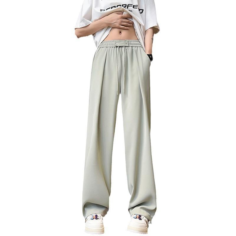 メンズパンツ 男性用 涼感 接触冷感 薄手 軽量 微弾性 直筒 ワイドレッグ ロングパンツ ミドルウエスト 腰紐付き ロープクロージャー ポリエステル ポリエステル素材 通気性 洗濯機洗い 黒 ライトグリーン カジュアル 日常使い 軽熟スタイル 青少年向
