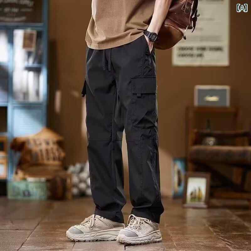 メンズ 工装パンツ 男性用 男性用 直筒 ワイドパンツ ゆったりシルエット 長ズボン ミッドライズ コットン混紡 ポリエステル混紡 耐摩耗 ノーアイロン マイクロストレッチ 多ポケット ユニセックス ブラック グリーン カーキ 夏用 秋冬用 ユース ティ