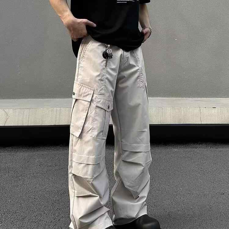 メンズ 工装パンツ 復古 スタイル 多ポケット デザイン ワイド ストレート レッグ ロング 丈 ミッドライズ ボタン フライ ユニセックス 素材 ポリエステル 混紡 無弾性 ノーアイロン 加工 プレーン カラー ブラック ライト カーキ 春秋 シーズン
