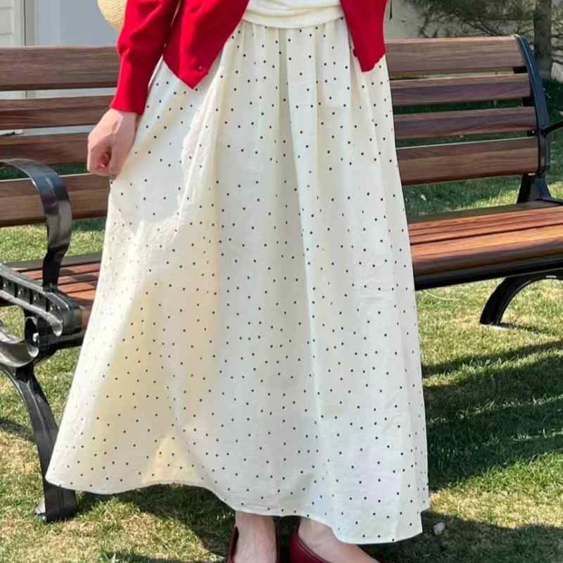 スカート レディース 半身スカート Aライン ミディ丈 韓国風 ポルカドット プリント 杏色 ブラック ポケット付き 伸縮性 ポリエステル混紡 マイクロストレッチ 通勤スタイル 都市カジュアル ガーリー 優しい印象 フレンチテイスト ウエストゴム 低身長
