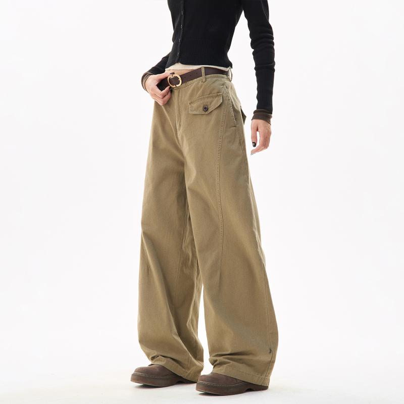 メンズ 工装パンツ 春秋 メラード スタイル ゆったり ワイドレッグパンツ コットン素材 薄手 直筒型 中腰 ストレートパンツ 緑 カラシ 日常使い ストリートファッション ティーン向け ゆったりシルエット シンプルデザイン