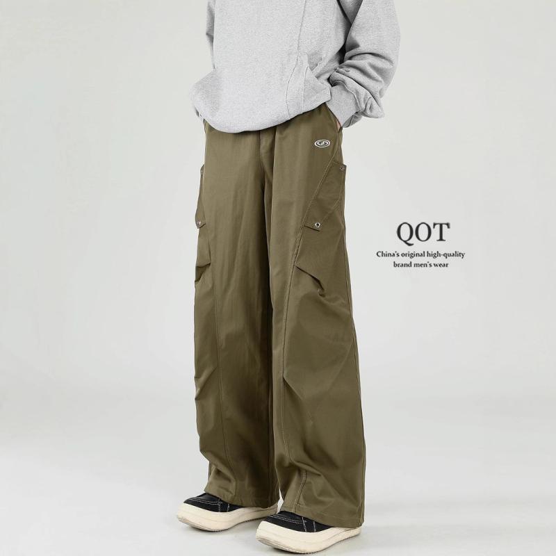 メンズ 工装パンツ 男性用 直筒 ワイドレッグ ロングパンツ ミリタリースタイル ゆったり 復古 ストリートファッション 春秋 コットン混紡 ポリエステル素材 無地 ブラック グリーン 日常使い 多ポケット ノーアイロン ミッドライズ ノーエラスティック