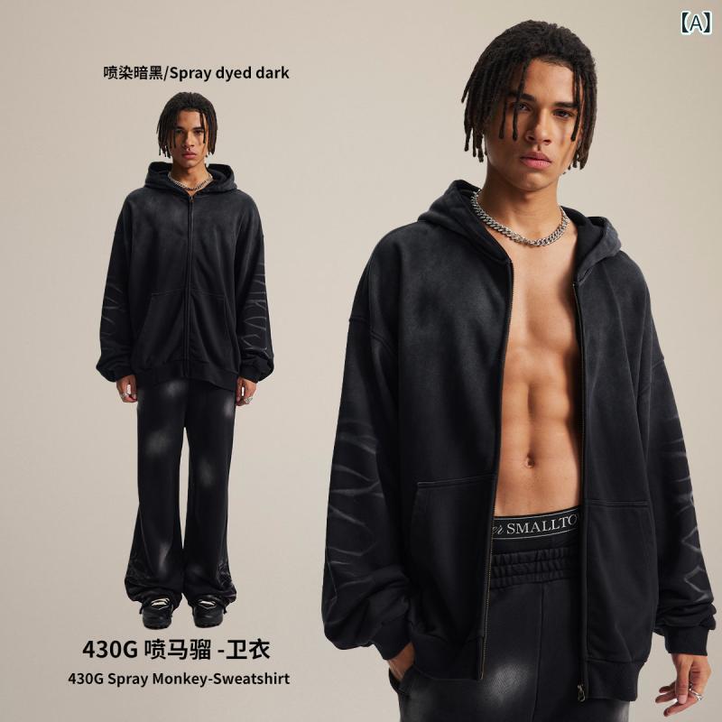 メンズ 汗水 秋冬 綿織物 100% 長袖 連帽 ジップアップ パーカー 厚地の外套 広広とした影ぼうし 落肩袖 薄っぺら 洗いざらし工業 吹きつける染め グラデーション柄 立体隠し 付 ゆったり 日常使い走り 心地よい 表どおり 表現スタイル 暗然たる色つや