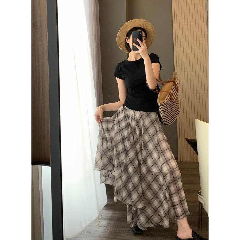 スカート 女性用 半身スカート 春夏 ミディ丈 薄手 透け感 透気性 ハンガリー風 レトロ プリーツ グラチェック 軽量 切り替え コットン混 ブラック ピンク系 アイボリー カジュアル 普段使い 伸縮性