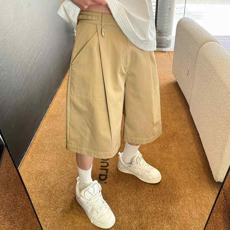 メンズ 工装ズボン下 七分 さる股引き 夏 綿織物 原料品 純色 黒いこと カラキ 色 ワイドレッグ ミッドライズ ジップフライ 薄っぺら 日常使い走り 心地よい 表現スタイル 金属元素 声遣い 直筒 裾 無弾力性 青二才 向け 通年 相応う