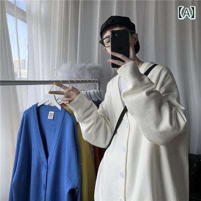 ニットセーター メンズ 秋冬 長袖 Vネック カーディガン 開衫 ゆったりシルエット 韓国風 ポリエステル 綿混 ゆったりフィット ユニセックス トップス ゆったりカーディガン 無地 シンプル 暖か素材 日常使い 秋冬コーデ ホワイト イエロー レッド