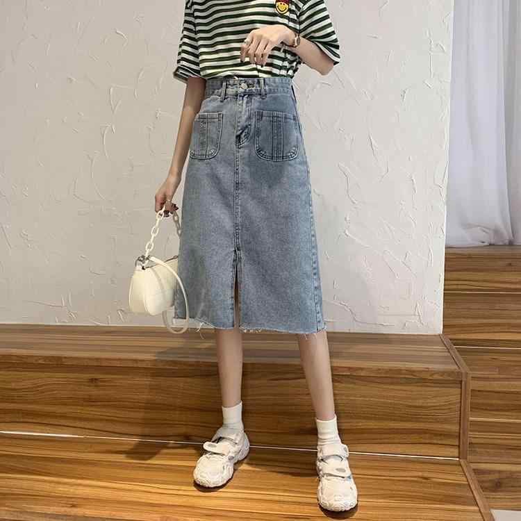 デニムスカート 女性用 春夏 ハイウエスト Aライン 包み込み スリット 中丈 短め デザイン性 スリム効果 立体裁剪 牛仔布 ポリエステル 微弾性 黒 ブルー 快適カジュアル 私服 ミッドレングス