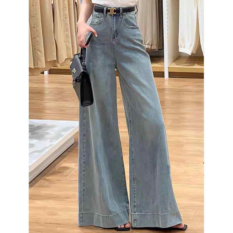 レディース デニムパンツ ワイドレッグ 中腰 春夏 韓国風 ゆったり コーディネートしやすい スリム効果 ドレープ ロング丈 水洗加工 クラッシュ加工 マルチポケット ボタン ブルー ブラック コットン混 ストレッチ ミディアム厚 気質 通勤 都会スタイ