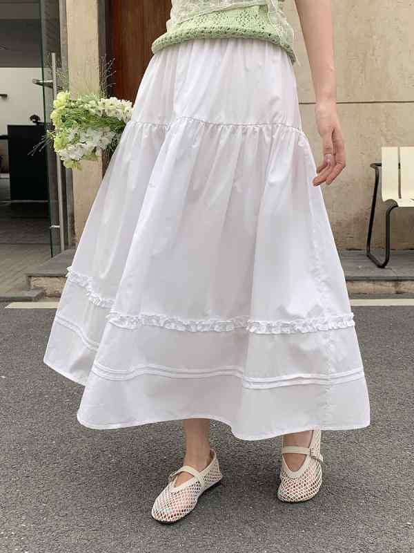 半身裙 女性用 韓国風 レイヨン素材 垂感 超大スカート裾 長丈 傘型 白 純色 日韓カジュアル 軽量 涼感 通勤 普段使い 夏 春夏