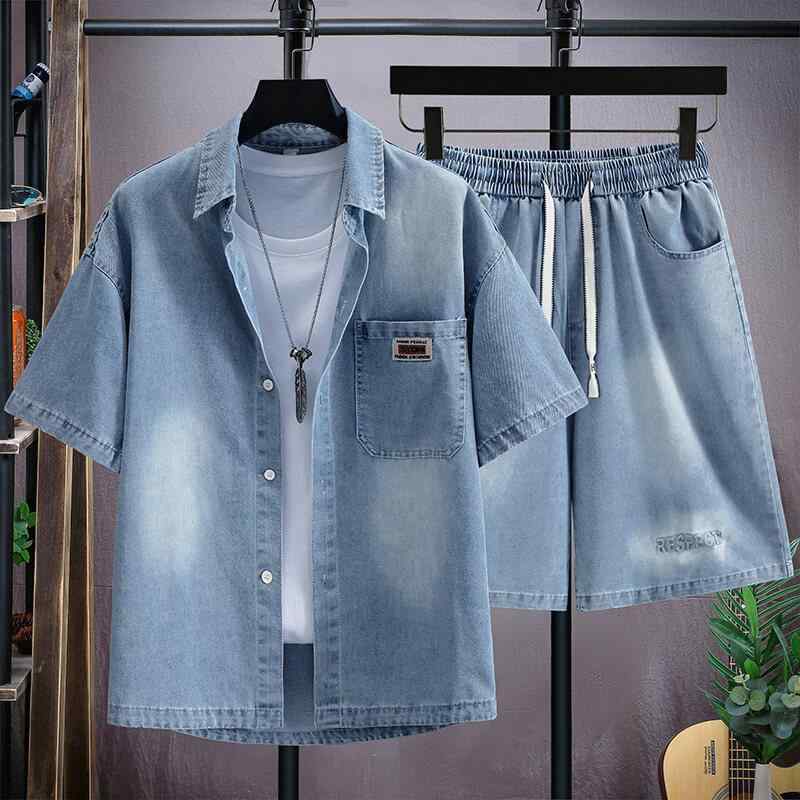 メンズ 牛仔 セットアップ プルオーバー さる股引き 2点仕掛ける 可拆分 年月 化繊混紡 ポリエステル 90% 青色 黒いこと 色合い上がり下がり 短袖 プルオーバー ミッドレングス さる股引き ゆったり影ぼうし 軽さ 通気性 好いたらしい 心地よい 普段使い走り コーディネ