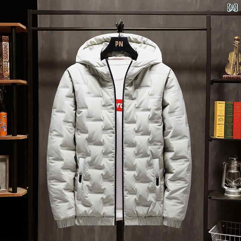メンズ コート 冬用 ダウンジャケット 綿服 連帽 厚手 合体型 ラックスタイル ポリエステル 混紡 素材 ジッパー開き 脱着可能フード 金属装飾 ジッパーポケット 丸底デザイン ストライプ チェック 無地 カモフラージュ 花柄 ドット柄 カラーブラック