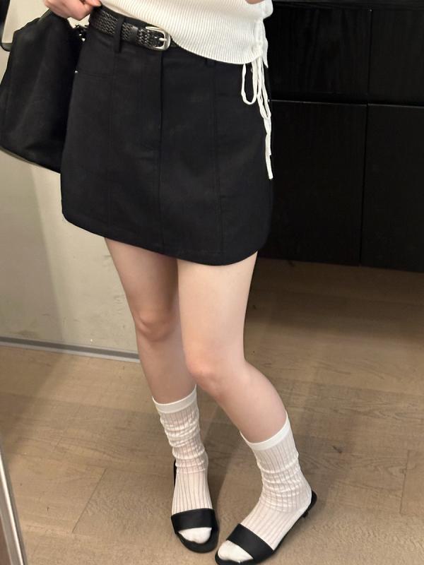 スカート 女性用 春夏 コットン 天竺 リヨセル 再生繊維 ハイウエスト Aライン 膝上丈 切り替えデザイン 無地 ブラック グレー系 アイボリー ミントグレー 軽量 通勤 普段使い カジュアル 韓国風 ビッグシルエット スリムフィット ソフト素材 吸湿