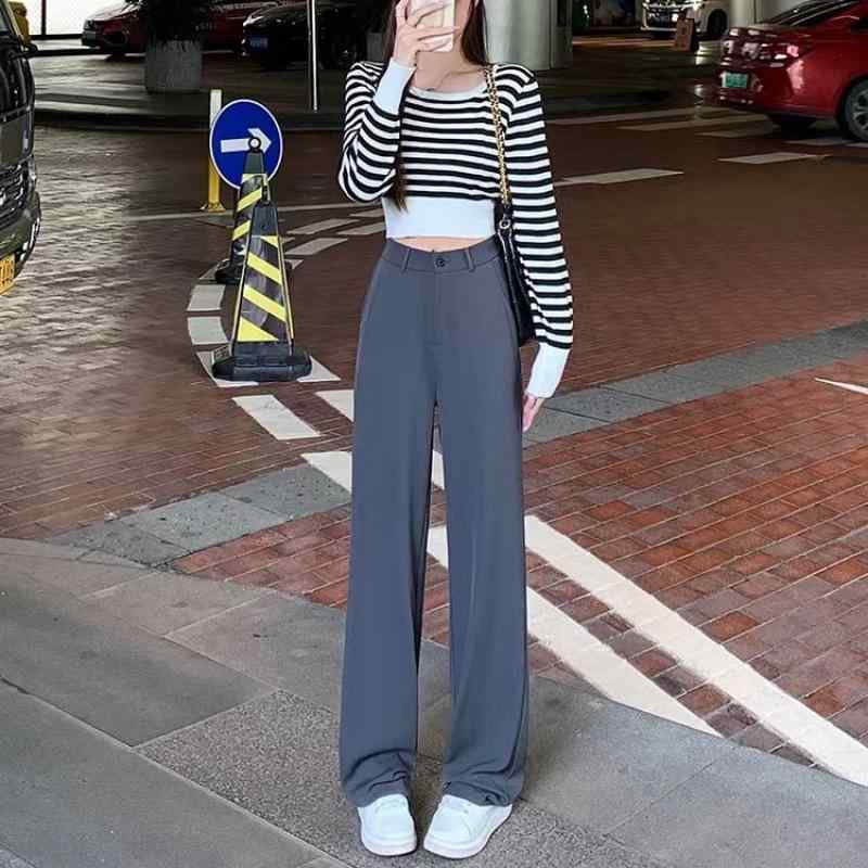 レディース ワイドパンツ スーツ生地 垂れ感 春夏 厚手 高腰 韓国風 通勤用 ストレート ブラック グレー ポリエステル 気質 百搭 ゆったりシルエット ロング丈 ビジネスカジュアル