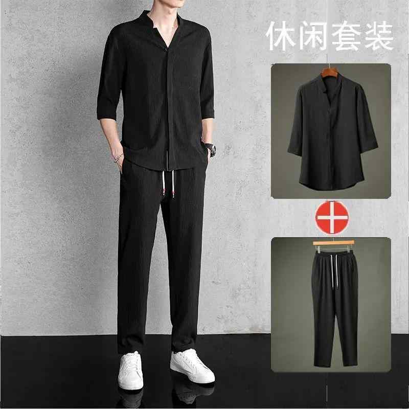 メンズ トップス 長袖 Tシャツ ロングパンツ セット 夏 薄手 麻 綿麻 混合 再生繊維 接触冷感 吸湿速乾 軽量 通勤 普段使い カジュアル スタイル ブラック グレー ホワイト 組み合わせ 韓国風