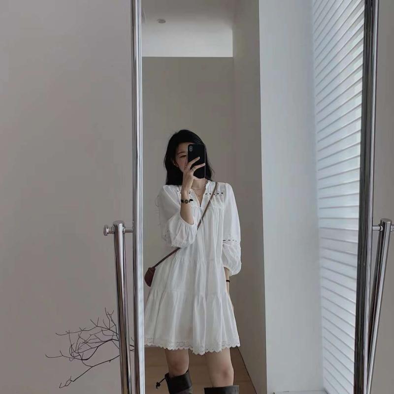 ワンピース レディース 白色 夏 短丈 ビッグシルエット 高腰 Vネック 長袖 灯?袖 切り替え レース レース刺繍 透け感 ポリエステル 接触冷感 吸湿速乾 軽量 伸縮性 セットイン 法式 復古 リゾート ビーチ 休暇 カジュアル フェミニン ガーリー