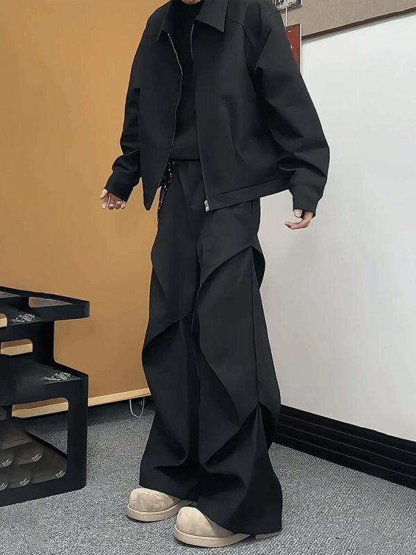 メンズ 春夏 クロップドパンツ ワイドレッグパンツ マイクロフレアパンツ 工装パンツ 垂れ感 高級感 マイクロベル ミリタリーパンツ 軽量 薄手 ポリエステル混紡 微弾力 ストレートレッグ プリーツ加工 明線ステッチ ミッドライズ ドローストリング クロ