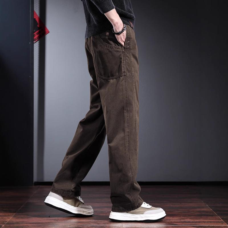 メンズ 秋冬 工装パンツ 男性用 ワイドレッグ ストレートパンツ 長ズボン コットン 綿素材 防汚加工 耐磨 口袋 装飾 ラグラン ミリタリー スタイル 直筒 ミッドライズ ベルト付き ドローストリング コットン 80% ユース 日常使い カジュアル フ