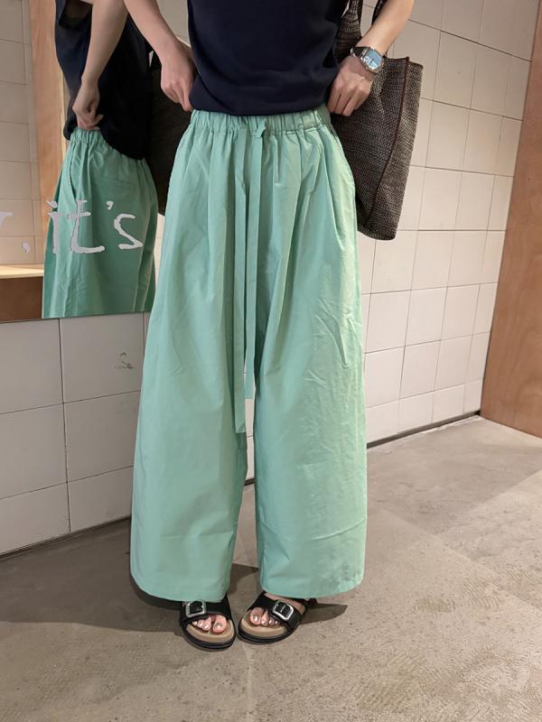 レディース ワイドパンツ 韓国風 軽薄素材 高腰 伸縮性 ウエストゴム 紐 スリム効果 ストレートシルエット 長丈 カジュアル デイリー 綿混 ポリエステル 涼しい 薄手 中弾力 松石グリーン グレー ネイビー 夏 春夏