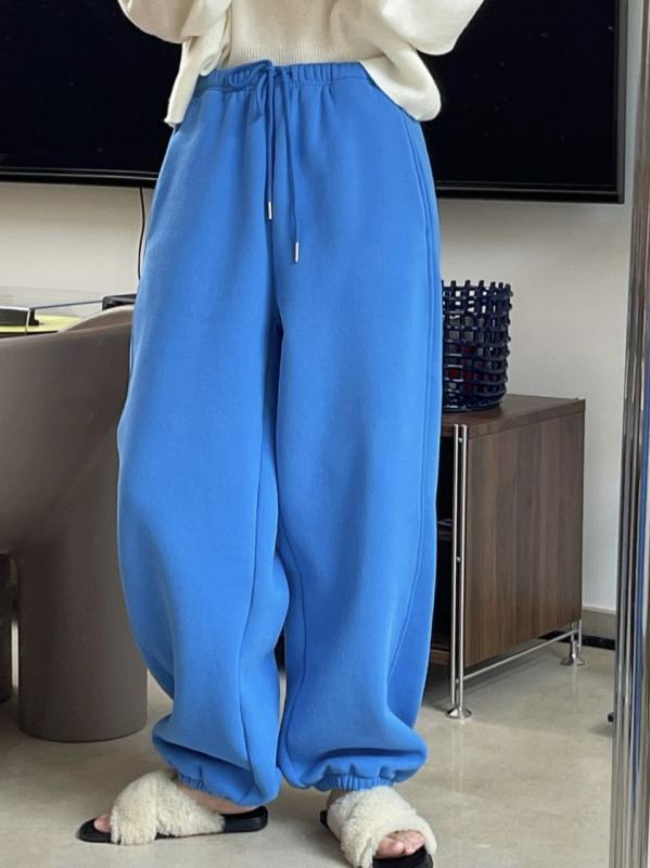 レディース 冬 束脚パンツ 韓国風 スポーツ ハーフパンツ コットン混紡 ポリエステル 厚手 暖か 磨毛加工 ワイドレッグ ハイウエスト ドローストリング 松腰 ミッドストレッチ 切り替えデザイン ブルー スモークグレー ミルクホワイト 長丈 カジュアル｜フォークBR