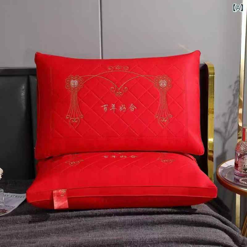 刺繍枕芯 結婚祝い 大赤 柔軟 快適 親肌 透気 シンプル ポリエステル 綿混紡 成人用 単人 ベッドルーム 寝室 インテリア 日常使い 吸湿 速乾 軽量 8-10cm厚 48x74cm シングルパック