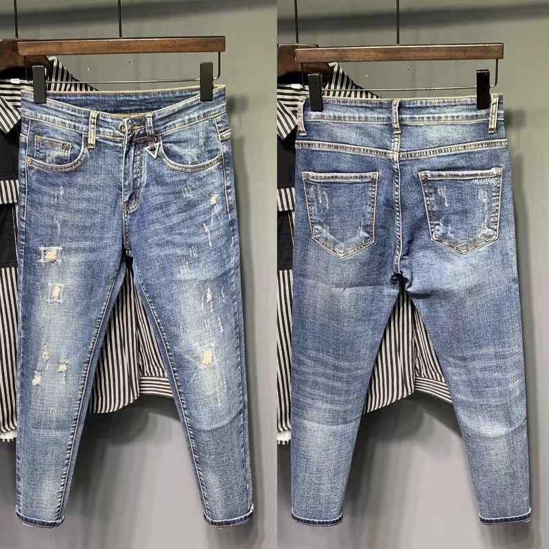 メンズ ジーンズ 九分丈 破れ加工 コットン デニムパンツ ミディアムウエスト スリムフィット コーンフォルム テーパード レッグ ライトブルー ウォッシュ加工 マイクロストレッチ 多ポケット 切り替えデザイン カジュアル 日常使い 通勤対応 軽量 通年