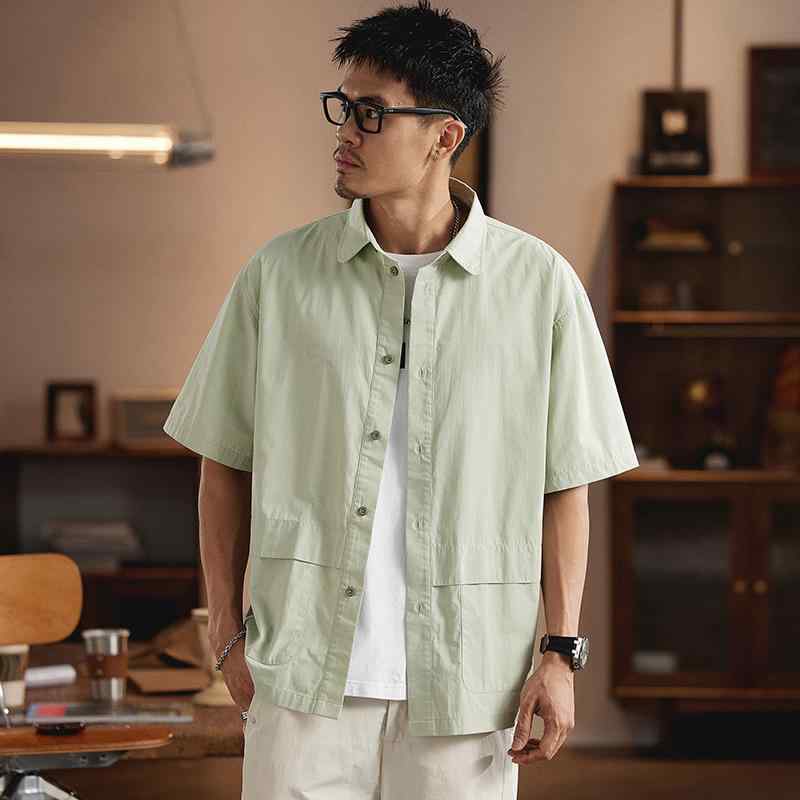 メンズ シャツ 大きいサイズ 夏用 日系 工装 短袖 トップス 半袖 純棉 吸湿速乾 透気性 機洗い可 ゆったり シルエット 翻領 ポケット 装飾 豆緑色 日常 普段使い ゆったり トップス