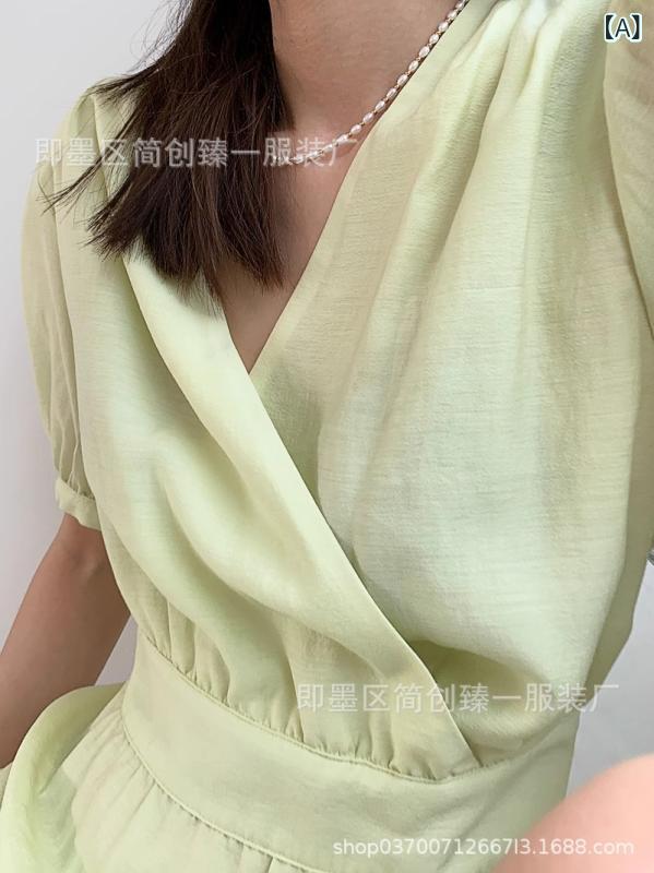 ワンピース 女性用 夏 春夏 Vネック 短袖 高腰 Aライン ロング丈 ウエスト切り替え ウエストラッフル 接触冷感 ポリエステル 吸湿速乾 軽量 通勤 普段使い かわいい 気質 スタイルアップ ブラック ピンク系 アイボリー