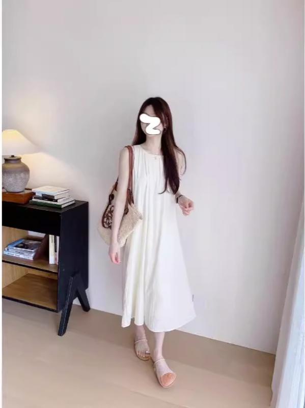 ワンピース 春夏 無袖 ノーカラー Aライン ロング 連衣裙 純色 プリーツ 切り替え ゆったり腰 幅広シルエット 隠れ肉 スリム効果 ゆったりリラックス 日韓カジュアル 黒 白 接触冷感 再生繊維 スパンデックス 伸縮性 シワ加工 イージーケア ゆった