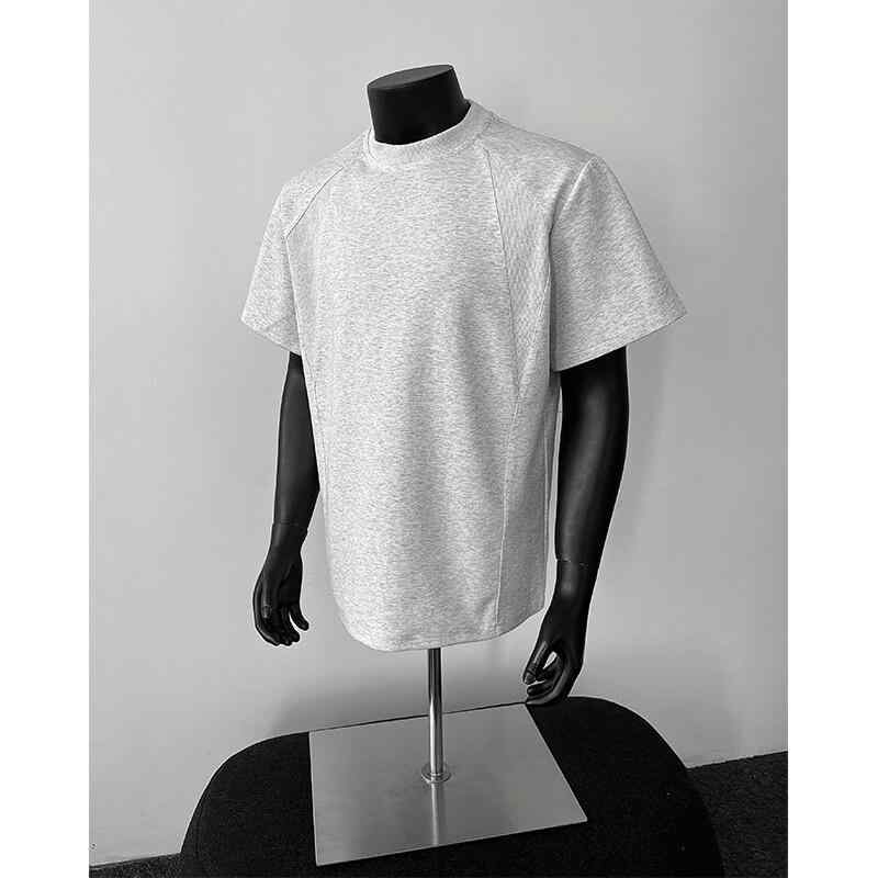 メンズ Tシャツ 短袖 ボクシー トップス 空気層 切り替え デザイン ポリエステル 混紡 綿 素材 ゆったり シルエット 丸首 セットアップ スタイル 幾何学 プリント ステッチ 加工 色落ち 耐性 高い ブラック グレー ホワイト 夏 シーズン 普段