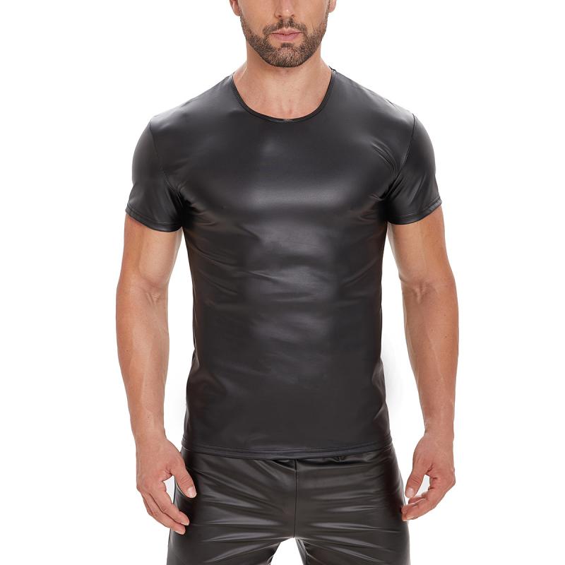 メンズ トップス セクシー 光沢加工 背心 短袖 Tシャツ 修身型 薄手 伸縮性 防水 純色 黒 丸首 セットインスリーブ ルーズフィット カジュアル 普段使い ファッション 再生繊維 ブラック 無地 ソフト 軽量 通勤 休日