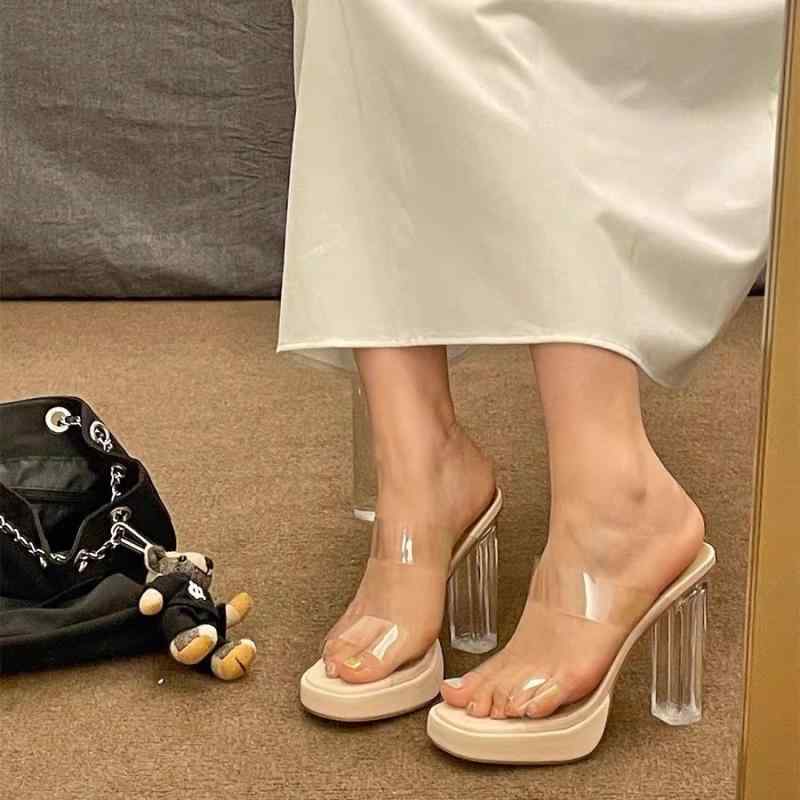 サンダル 女性用 厚底 透明 ヒール 粗中底 杏色 オープントゥ 方先 ワイドストラップ 防水 PVC素材 軽量 夏用 通勤 普段使い 伸縮性 クリア ビーチサンダル(x4)