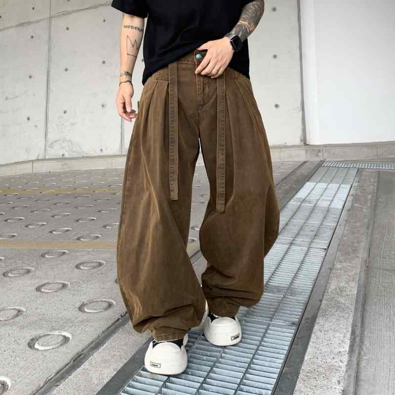 メンズ 夏用 工装パンツ 灯芯パンツ ?腿パンツ 直筒型 長ズボン 中腰 腰ベルト 薄手 綿素材 微弾性 立体裁断 無蒸し加工 透気性 機洗い可能 防裂 純色 コーヒーブラウン 青少年向け カジュアルスタイル 街着 普段使い 軽量 伸縮性 吸湿速乾 快適
