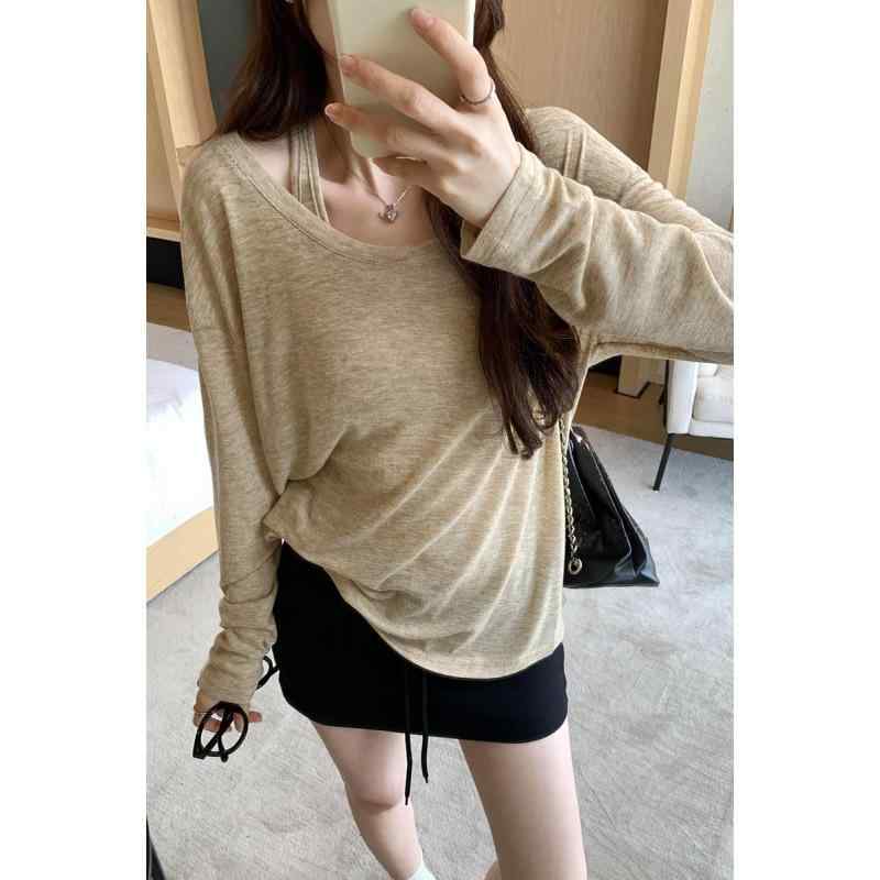 レディース トップス 長袖 Tシャツ 無袖 背心 ツーピース セット ルーズフィット ゆったりシルエット 接触冷感 ?? ポリエステル 素材 純色 透視 デザイン 丸首 普通丈 通勤スタイル 気質 普段使い ブラック ホワイト アイボリー 春夏