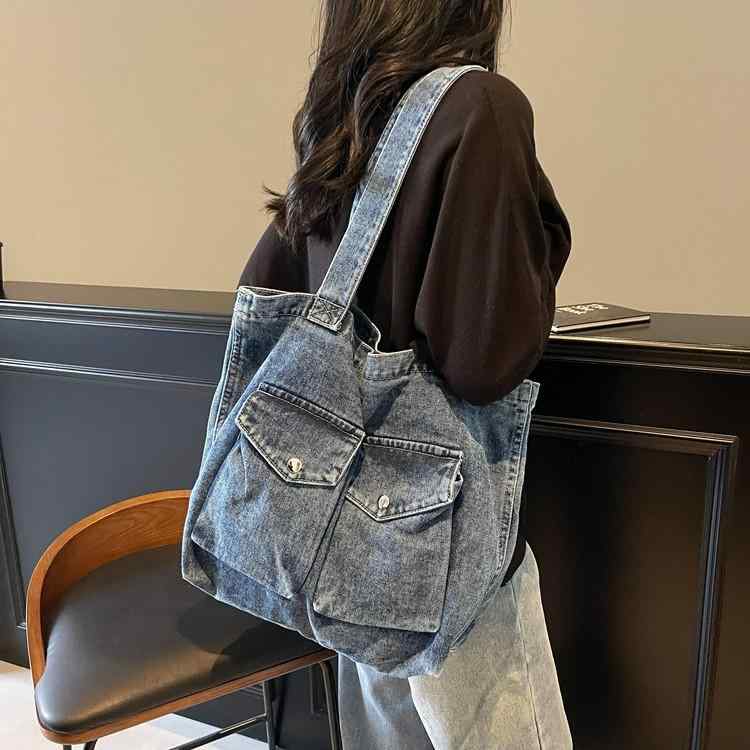 トートバッグ レディース デニム ビッグトート 肩掛け 軽量 大容量 通勤用 学生用 日常使い 横型 方形 ソフト 中古風 ストリートスタイル ブラック ライトブルー ダークブルー ジップ開閉 携帯ポケット 車縫いステッチ 春夏 デニム素材 再生繊維 ト