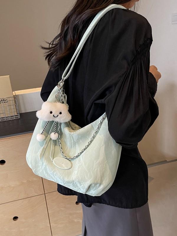 トートバッグ 女性用 学生 通勤 普段使い 大容量 横型 ソフト PU素材 単肩 チェーン 青春スタイル グリーン ミルクホワイト シルバー ブルー ジッパー開閉 ポケット付き キャンバス風