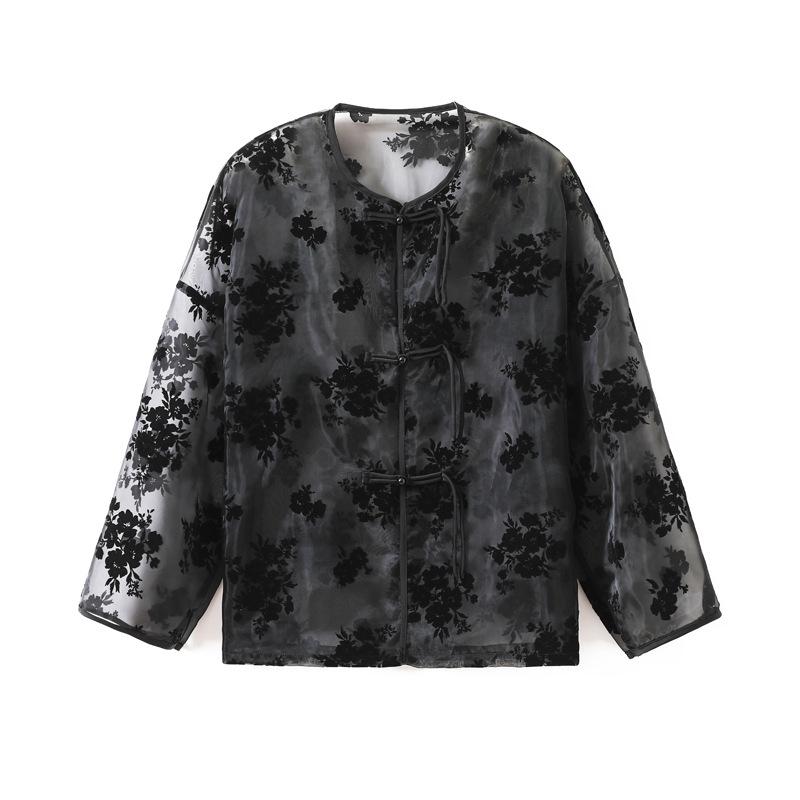 夏 レディース 盤ボタン 国風 ジャケット 新中式 植? プリント 欧根? 気質 ブラウス 防晒服 罩衫 黒 長袖 Uネック 透視 薄手 ポリエステル 気質 通勤 都市風 単排扣 シングルピース 軽量 吸湿速乾 日常使い
