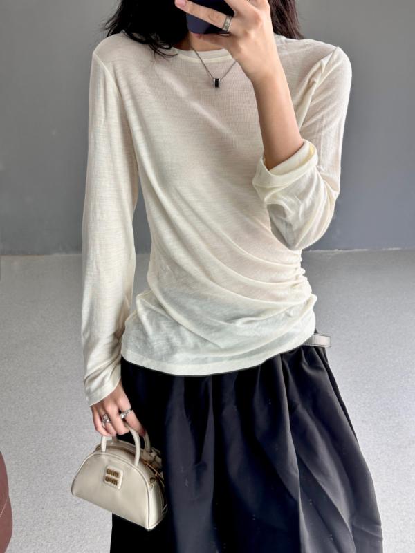 ニット トップス 女性用 長袖 丸首 羊毛混 接触冷感 薄手 透け感 スリム プリーツ 切り替え インアンダーウェア 日韓カジュアル シンプル ブラック グレー ホワイト 吸湿速乾 軽量 伸縮性 秋冬 通勤 普段使い