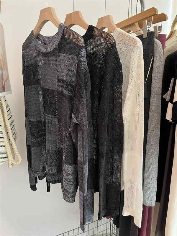 ニット トップス メンズ レディース 春夏 接触冷感 和紙 綿 素材 薄手 軽量 吸湿速乾 切り替え 透け感 丸首 長袖 ルーズフィット 格子柄 ブラック ホワイト ネイビー ピンク 防紫外線 UVカット 防晒 セットアップ 単品 日常使い 通勤 通学