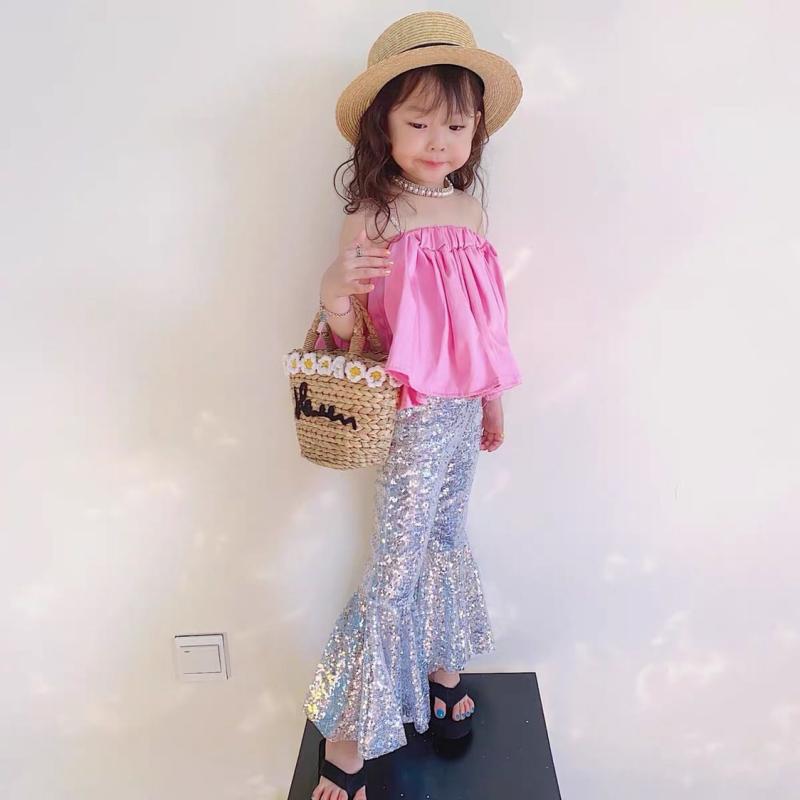 女の子 ベビー 春夏 セットアップ トップス ショルダーフリー ウエスト フラワーモチーフ フラッペアパンツ キッズ ショートパンツ ウール調 コットン混 ソフト素材 軽量 伸縮性 ピンク ホワイト シルバー ラメ加工 ダンス衣装 ステージ衣装 女児服