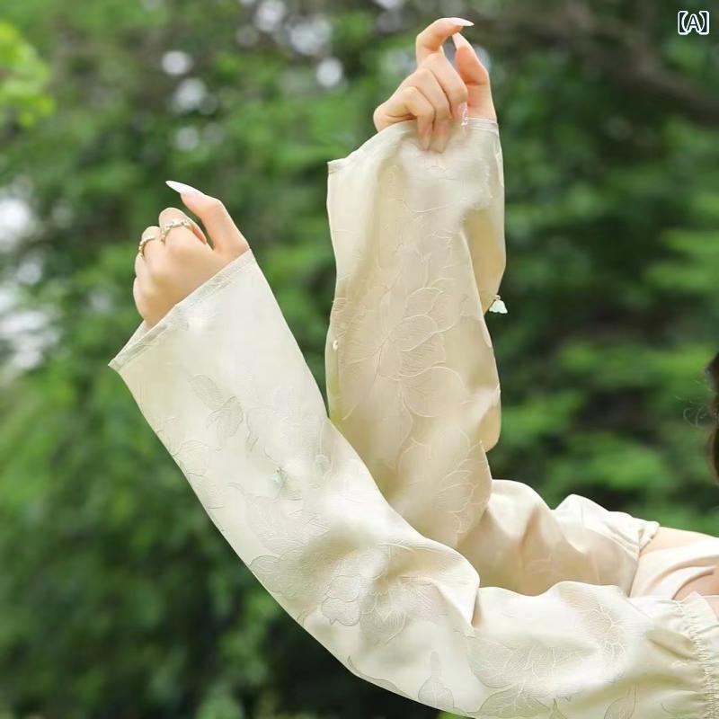 レディース 防紫外線 桑蚕? 真? 袖セット 手袋 接触冷感 薄手 春夏 香?色 嫩草緑 アイスブルー ピンク 運転用 紫外線カット 軽量 吸湿速乾 清新 甘美 植物柄