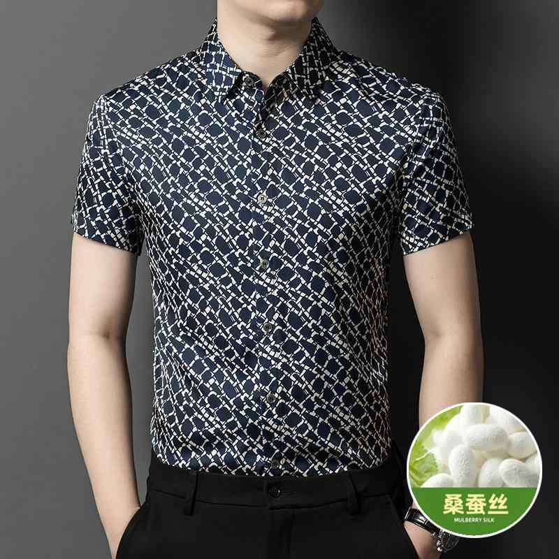 メンズ 短袖 シャツ 中年男性用 桑蚕?混紡 接触冷感 吸湿速乾 通気性 軽量 薄手 翻領 数?印花 フラワープリント ブラック ネイビー ゆったりシルエット カジュアル 日常使い 夏用 トップス