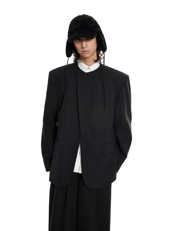 メンズ 西装外套 ジャケット 男性用 ゆったり 肩パッド シンプル ラウンドネック シングルブレスト ボタン ロングスリーブ 黒 ポリエステル コットン ストレッチ 透気性 立体裁剪 後ろスリット ポケット ステッチ デコレーション ラウンドヘム ゆった