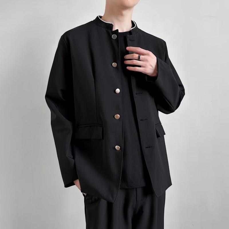 スーツ メンズ 青年 立襟 薄手 セット 軽ビジネス 修身 化繊混紡 粘繊 透気性 夏 黒 シングルブレスト ボタン スポーツ スタンドカラー ジャケット ズボン シャツ 学生 クラス 制服 軽量 通気 吸湿速乾 日常使い