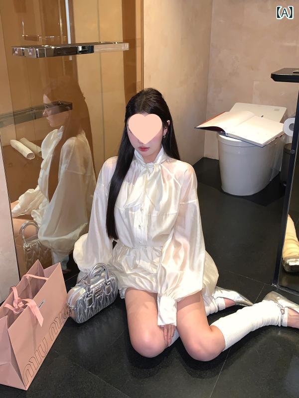 レディース 春夏 白 長袖 シャツ トップス ライセル 再生繊維 切り替え 蝶結び デザイン フレンチ ヴィンテージ ゆったり シルエット ボタン デザイン 接触冷感 吸湿速乾 軽量 通勤 普段使い カジュアル スタイル 私服 インナー セットアップ 対