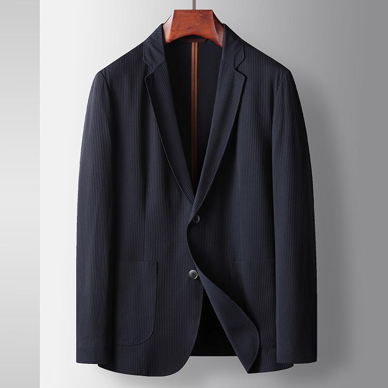 メンズ 春夏 ビジネスジャケット 軽量 薄手 ストレッチ 免? 化繊混紡 ニロン ポリエステル シングルブレスト ノッチラペル ストレートシルエット ロングスリーブ ステッチポケット ストレートヘム ユース ビジネスカジュアル スーツコート ジャケット