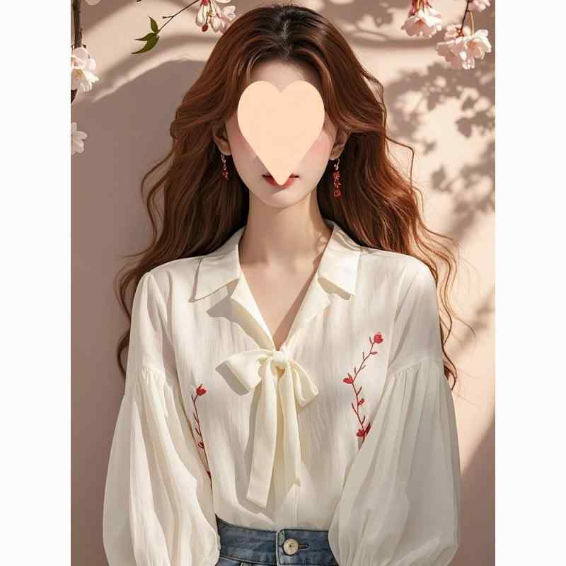 シャツ 女性用 秋 白色 ポリエステル 長袖 ラウンドネック 灯?袖 蝶結 ワイドシルエット 気質 通勤 都市風 軽量 伸縮性 セットインスリーブ
