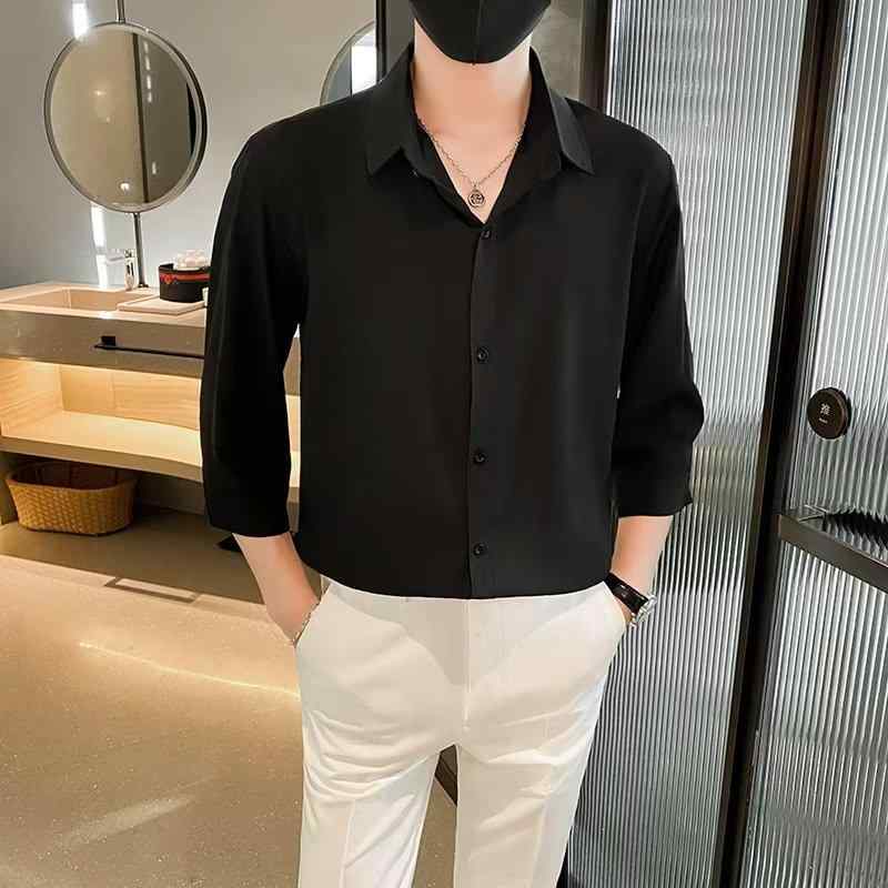 メンズ シャツ 半袖 トップス 男性用 夏 春夏 季節 無地 純色 黒 白 深灰 ライトグリーン 酢酸繊維 接触冷感 アイスシルク 風通し良い 軽量 ゆったり ルーズフィット 痞? スタイリッシュ トレンド 百搭 開襟 ターンカラー 中袖 普通厚み ノン